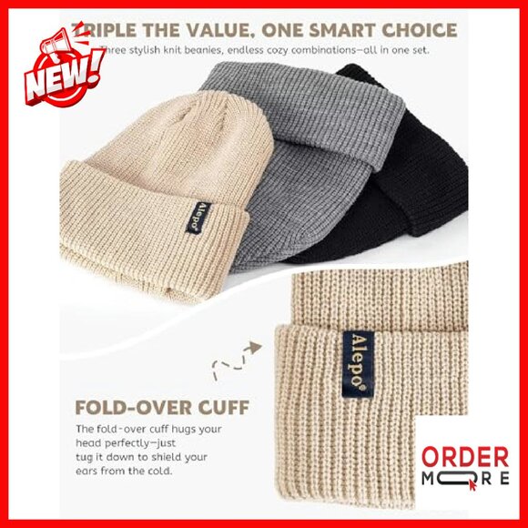 Satin Lined Winter Beanies 3-Pack, Warm Cable Knit Skull Caps - Picture 6 of 8